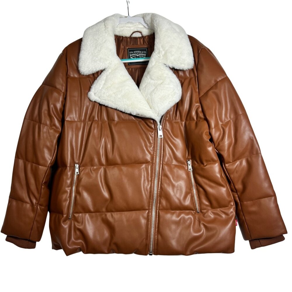 Levis Brown Faux Leather Sherpa Collar Puffer Jacket With Zipper Pockets Size XL